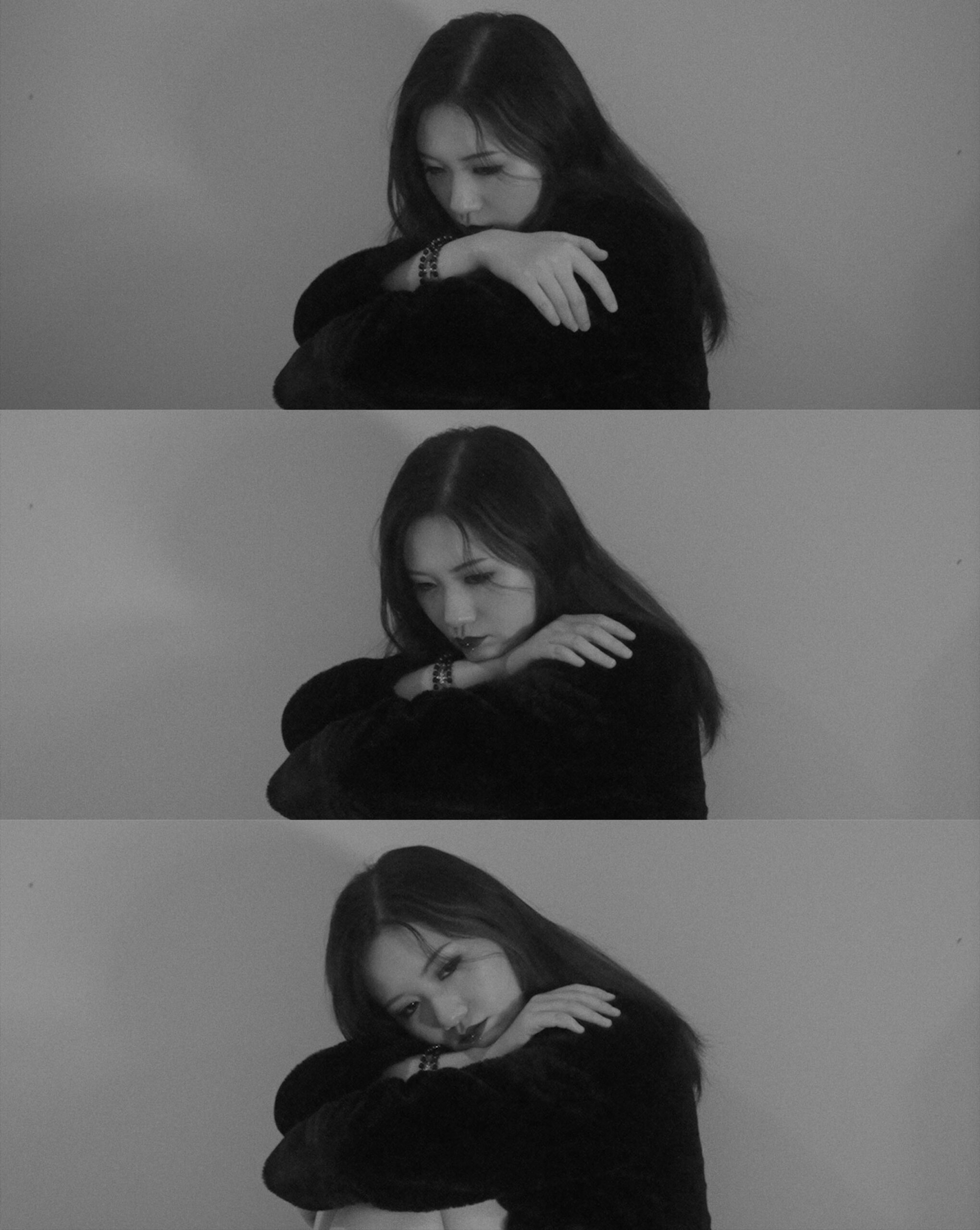 Pensive black-and-white self-portraits by Evie Wang, inspired by the visual mood of Vivre sa vie (1962)